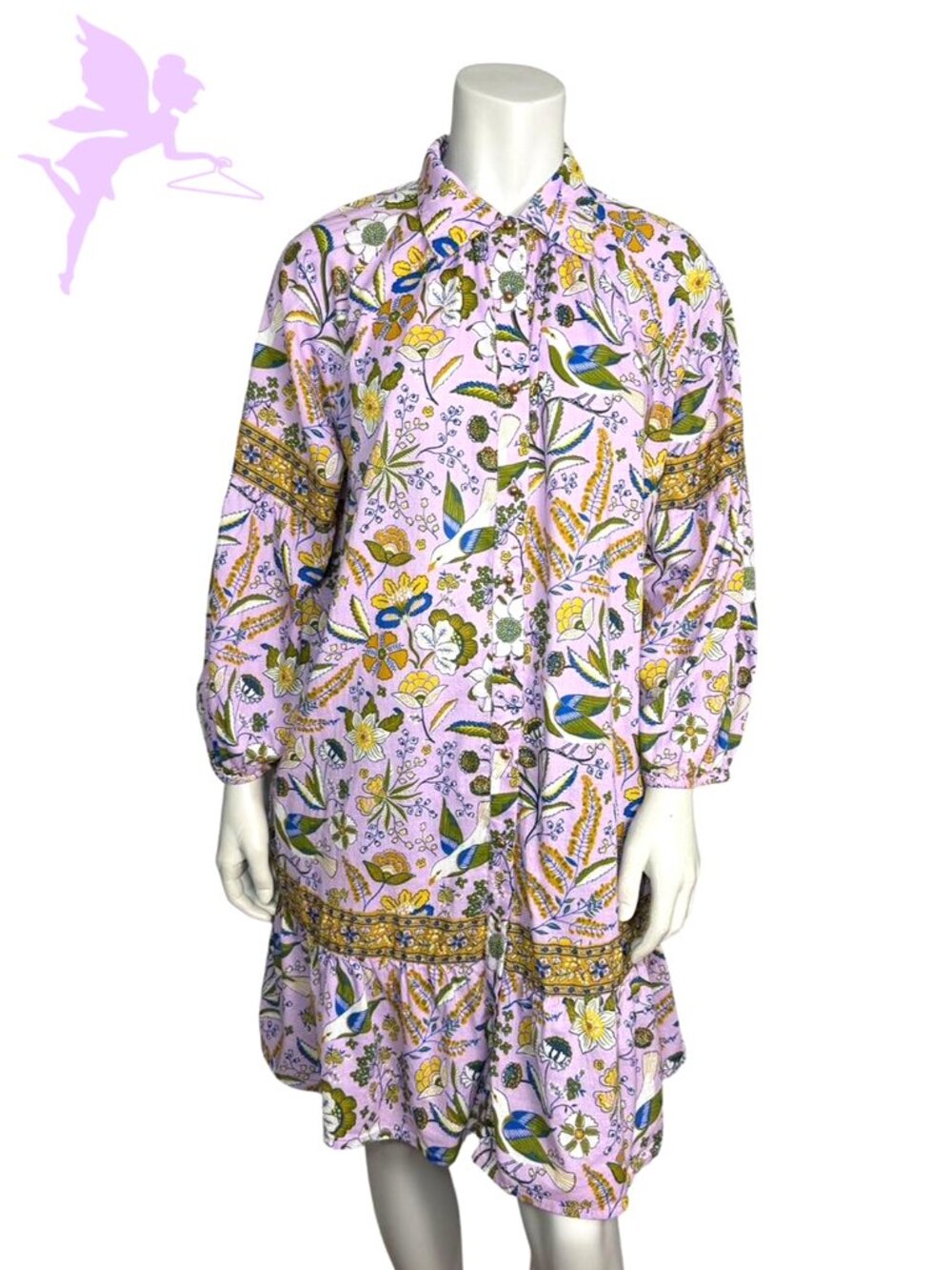 PRINTFRESH Lavender Bird Blossom Floral Organic Cotton Tiered Shirt Dress S